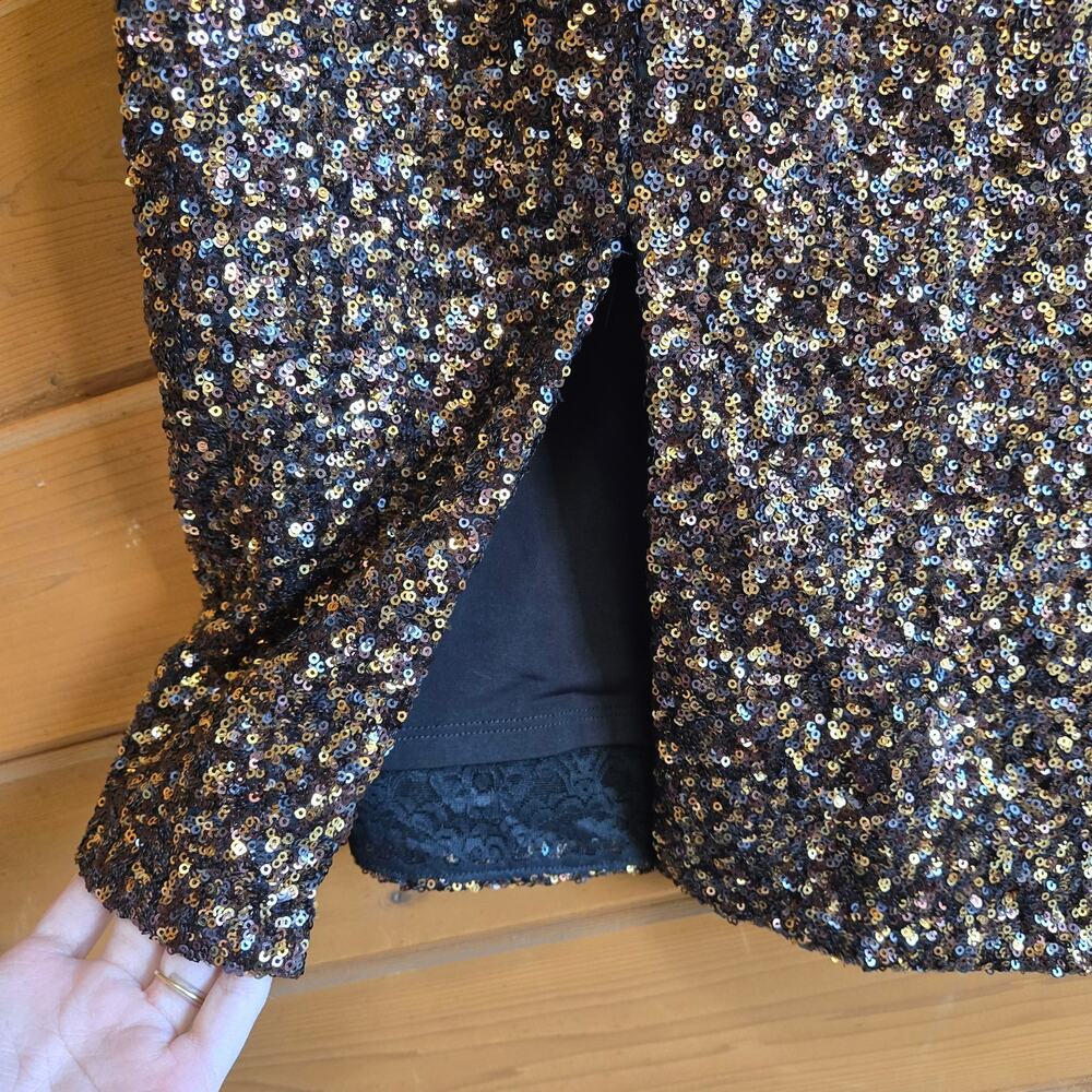 Dress The Population Dress Chrissie Midi Sequin One Shoulder XL Gold Black Glam - Picture 6 of 7